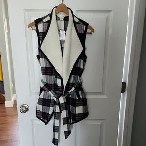 Christopher & Banks Cream Sherpa Vest with Plaid Accent